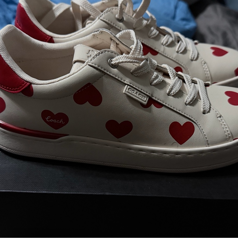 Coach Cream Leather Sneakers with Red Heart Accents